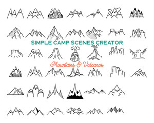 Simple mountains icons shapes set. Logo creation kit. Outdoor adventure line art mountain elements bundle. Silhouette linear concept. Stock collection