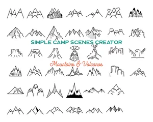 Fototapete Berge Simple mountains icons shapes set. Logo creation kit. Outdoor adventure line art mountain elements bundle. Silhouette linear concept. Stock collection