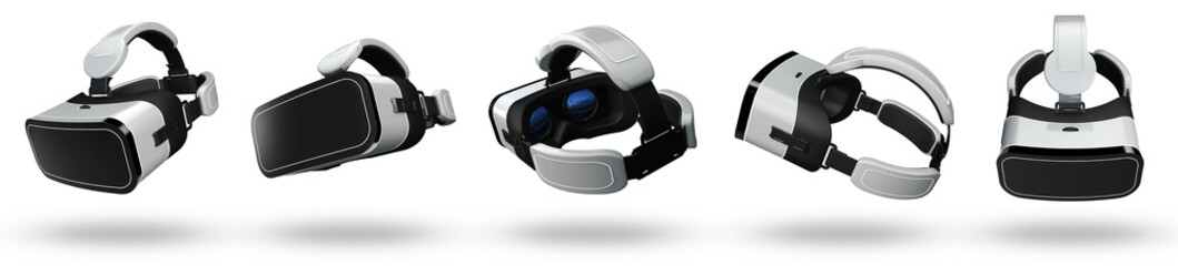 3D Rendering of white VR cameras in multiple angle for graphic source. Realistic VR glasses on white background.