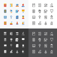 Vector flat icons set of education school tools outline concept.