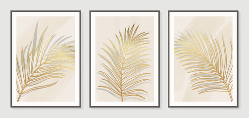 Botanical wall art vector set. Golden foliage line art drawing with watercolor.  Abstract Plant Art design for wall framed prints, canvas prints, poster, home decor, cover, wallpaper.