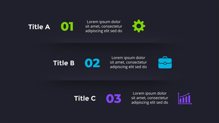 Neumorphic Vector Infographic. Presentation slide template. 3 steps. Neumorphism dark ui design. Clean minimal flat style. 