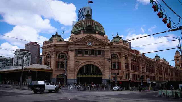 Flinders Street Train Station in Melbourne, Australia 4K daytime time lapse.