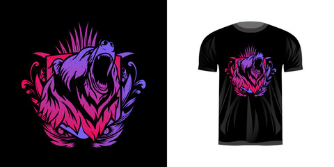 illustration head grizzly with neon coloring for tshirt design