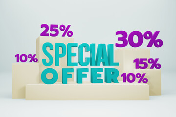 Promotion Illustration, the text Special Offer in blue-green,  with different percentages in purple on a bright background. 3D illustration, 3D render.