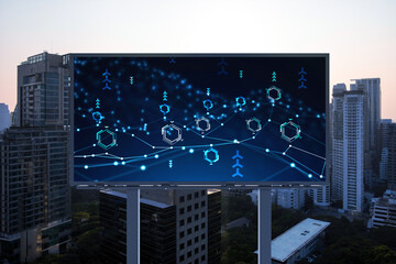 Glowing hologram of technological process on billboard, aerial panoramic cityscape of Bangkok at...