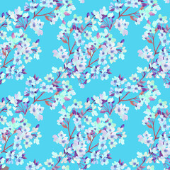 Watercolor branches of a blossoming apple tree on a blue background Seamless  floral pattern