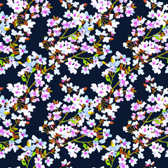 Spring blossoming apple tree on a dark background Seamless pattern for textile, wallpaper, wrapping paper design