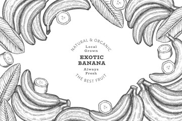 Obraz premium Hand drawn sketch style banana banner. Organic fresh fruit vector illustration. Retro exotic fruit design template