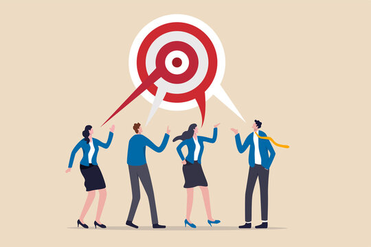 Teamwork aiming on the same target, collaboration to succeed in the same goal, partnership strategy concept, business people or business partner discussing work building circular dartboard target.