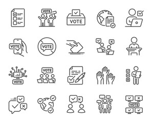 Voting line icons. Public Election, Vote Box, Ballot Paper icons. Candidate, Politics voting and People vote. Government election, Raised hands, Document checklist. Online poll result. Vector