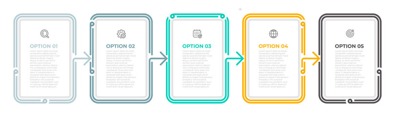 Vector infographic thin line label design with arrow and icons. Timeline process with 5 options or steps. Can be used for workflow diagram, info chart, web design.