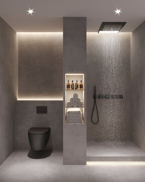 3d grey bathroom with concrete walls and contemporary minimal design with shower and toilet areas