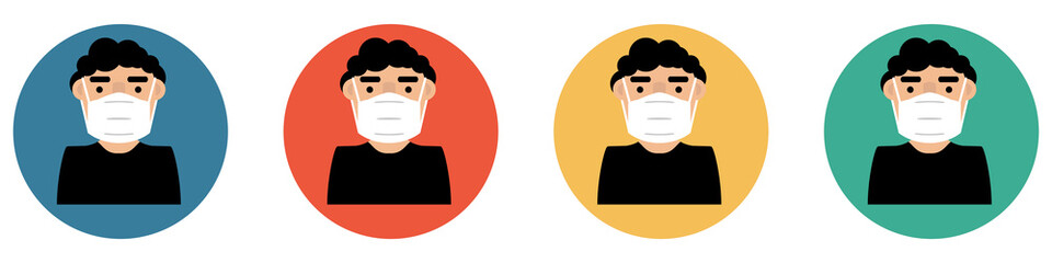Bunter Banner mit 4 Buttons: Person mit Maske oder Mundschutz zum Schutz vor Coronavirus