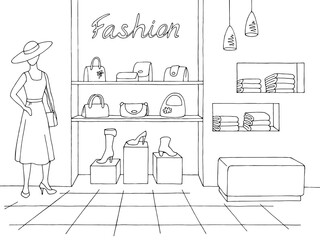 Shop interior graphic black white sketch illustration vector 