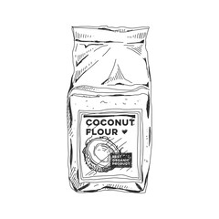 Coconut flour package, retro hand drawn vector illustration.