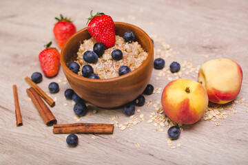 Delicious and healthy breakfast decorated with fresh berries. Photos for websites about healthy nutrition, dietary products. High quality photo