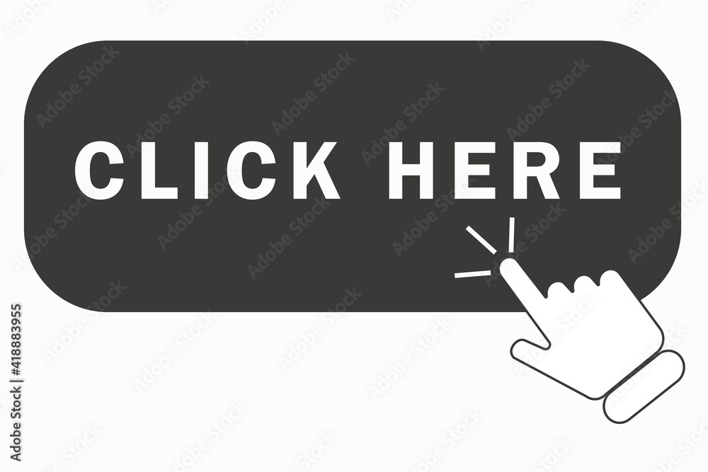 Poster click here button with hand pointer clicking. click here web button. isolated website buy or registe