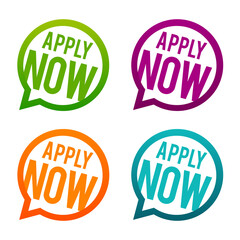 Apply now round buttons on white background.