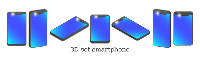 3d set of smartphones in different projections. Bright radiant flash and white background