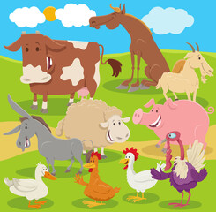 cartoon farm animal characters group in the countryside