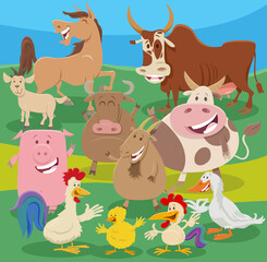 Obraz na płótnie Canvas cartoon farm animal characters group in the countryside