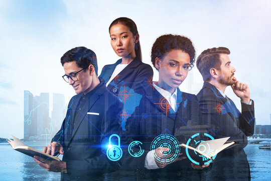 Group of business colleagues as a part of multinational corporate team working on project to protect clients information at cybersecurity compliance division. IT lock icons over Singapore