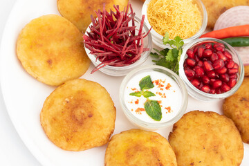 Delicious Chaat Snacks Aloo Tikki Also Known As Alu Ki Tikkia Is Seasoned Boiled Mashed Potato Cutlet Or Patties Served With Dahi Chat Masala Anar Sev Bhujia Chopped Chukandar