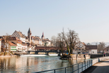 Bremgarten, Altstadt, Reuss, Reussbrücke, Muri-Amthof, Holzbrücke, Altstadthäuser, Spittelturm, Reusskraftwerk, Fluss, Aargau, Frühling, Schweiz