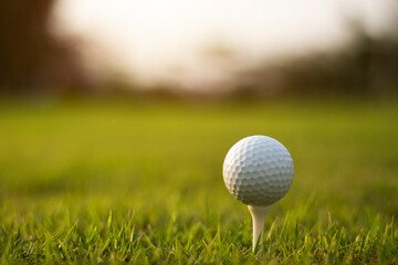 golf ball on tee in a beautiful golf course with morning sunshine