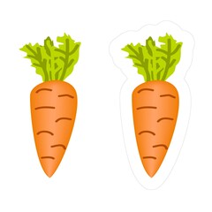 Vector cartoon carrot vegetable die cut sticker. Simple colorful orange root vegetable icon with green leaves for kids gardening or farming game