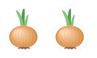 Obraz premium Cartoon vector bulb onion icon for kids gardening or farming game. Edible vegetable sticker with white die cut outline