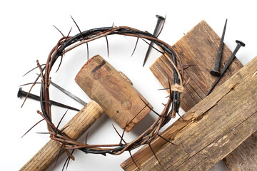 Good Friday, Passion of Jesus Christ. Crown of thorns, nails isolated on white background....