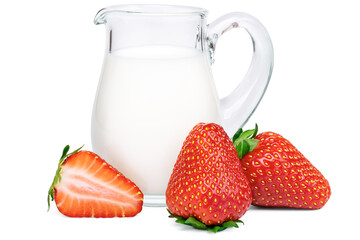 Fresh strawberries near milk cream in a glass jar