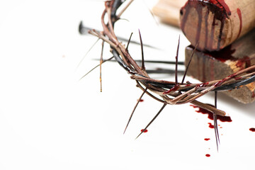 Good Friday, Passion of Jesus Christ. Crown of thorns, hammer, old nail isolated on white....