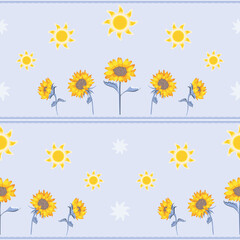 Vector Following Sun Sunflowers ob Bright Blue seamless pattern background. Perfect for fabric, scrapbooking and wallpaper projects.