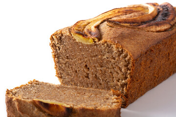 Homemade banana bread isolated on white background