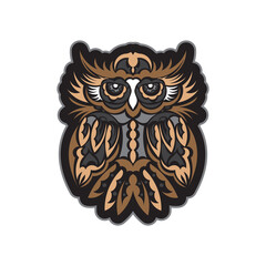 Colored print head of an owl. Hawaii and samoa patterns. Isolated. Vector