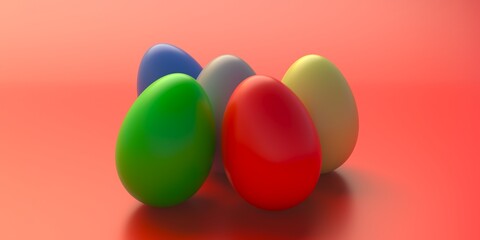 Happy Easter, colorful painted eggs on red color background. 3d illustration