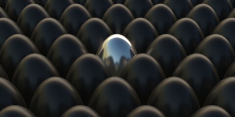 One silver egg among black color eggs background. 3d illustration