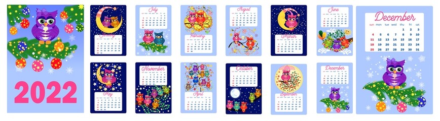 Calendar 2022. Cute owls and birds for every month. Wall vertical calendar for 2022, the week starts on Sunday. A4 format
