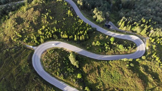 Norway road drone view. Aheim winding mountain road in Vanylven Municipality.