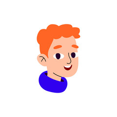 Male character with red curly hair. A young guy with big eyes smiles. Cartoon avatar of a cheerful kid with a blue-collar. Vector illustration isolated on white background.