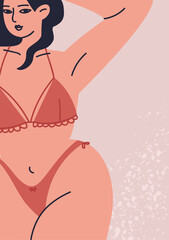 Naklejka na ściany i meble Print of a cartoon woman in lingerie. Vector illustration of a female plus size figure in underwear, bikini. Feminine poster of female body close up.