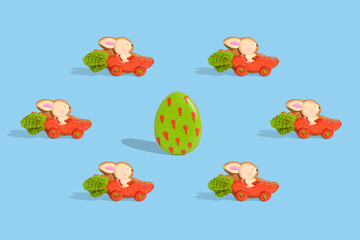 . Easter decoration. Pattern for festive Easter packaging. Happy easter. Rabbit on a car in the shape of a carrot.