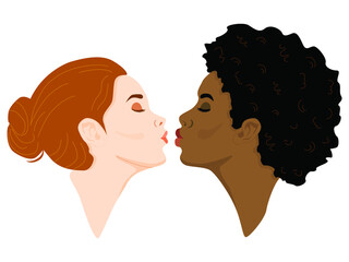 Caucasian and African women give kiss