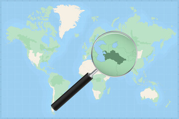 Map of the world with a magnifying glass on a map of Turkmenistan.