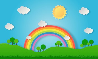 paper cut landscape nature green with rainbow. art style. vector Illustration.