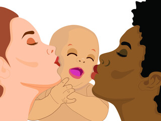 Caucasian and African women kissing a baby