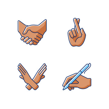 Hand gestures RGB color icons set. Business deal, handshake. Crossed arms and fingers. Images of hands of dark-skinned people. Body language. Mutually beneficial deal. Isolated vector illustrations